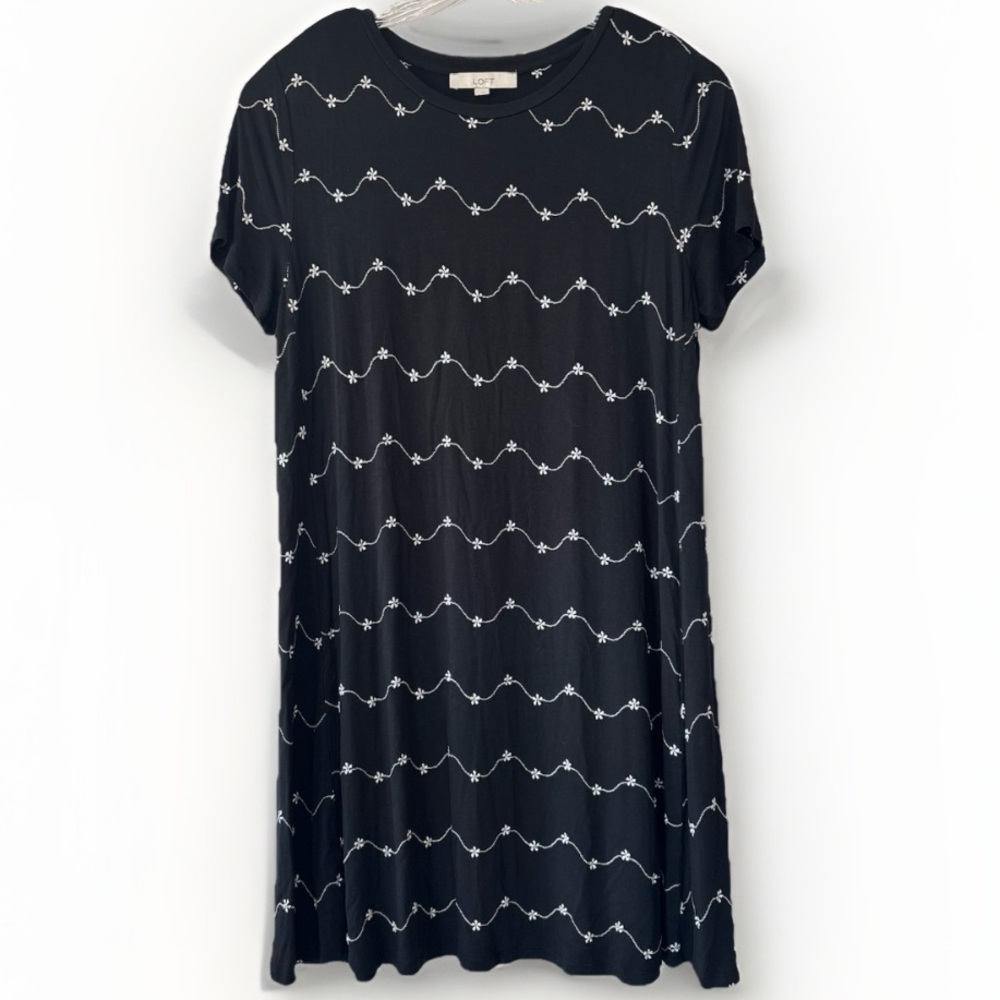 Loft Black Floral Embroidered Midi Dress Large A-line Short Sleeves
